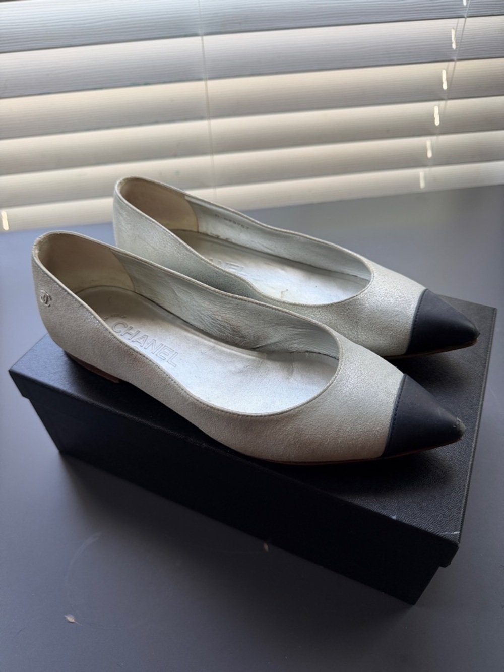 CHANEL Two-Tone Cap-Toe Ballet Flats in Silver & Black